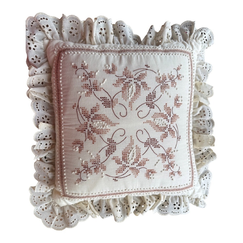 Vintage Handmade Redwork Cross Stitch Eyelet Lace Ruffle Pillow Cottagecore 15"